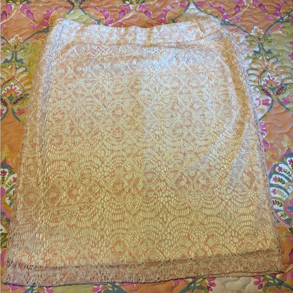 Peach Lace Overlay On A Off White Skirt